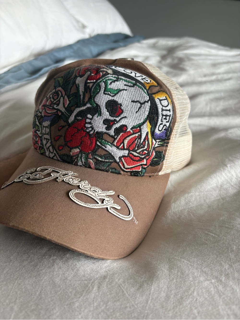 Ed Hardy Brown & Cream Trucker Hat with Skull and Rose Embroidery